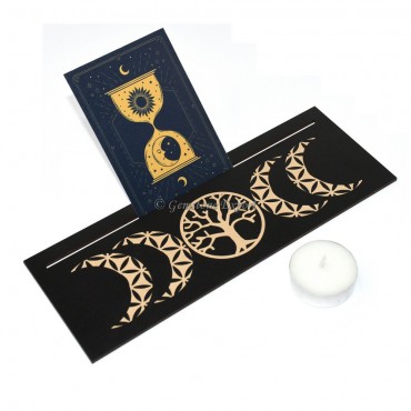 Triple Moon Tree of Life Tealight Candle Holder with Wooden Card Stand