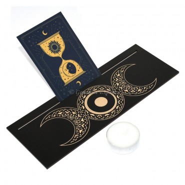 Triple Moon Goddess Tealight Candle Holder with Wooden Card Stand