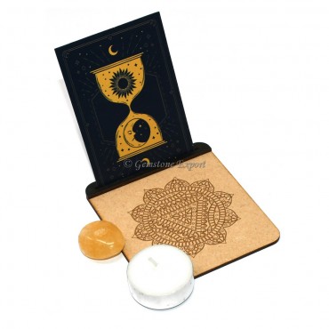 Yellow Aventurine Mandala Engraved Tealight Candle Holder with Card Slot