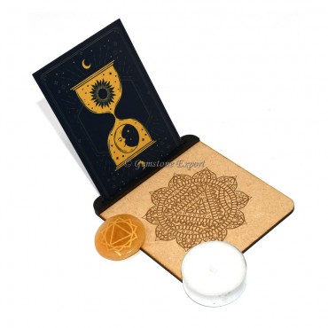 Engraved Yellow Aventurine Mandala Engraved Tealight Candle Holder with Card Slot