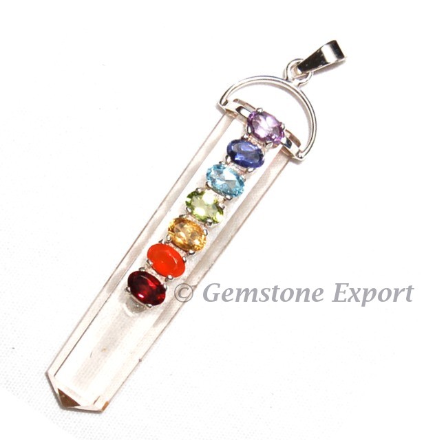 Crystal Quartz Pencil Pendants With Faceted Chakra