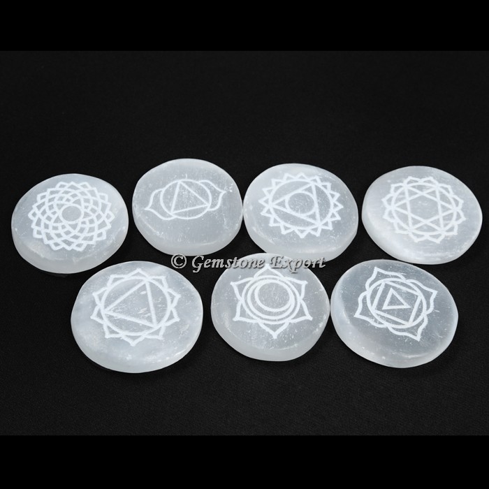 Selenite Engraved Disc Seven Chakra Set