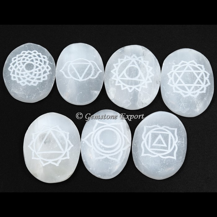 Selenite Engraved Cabochon Seven Chakra Set