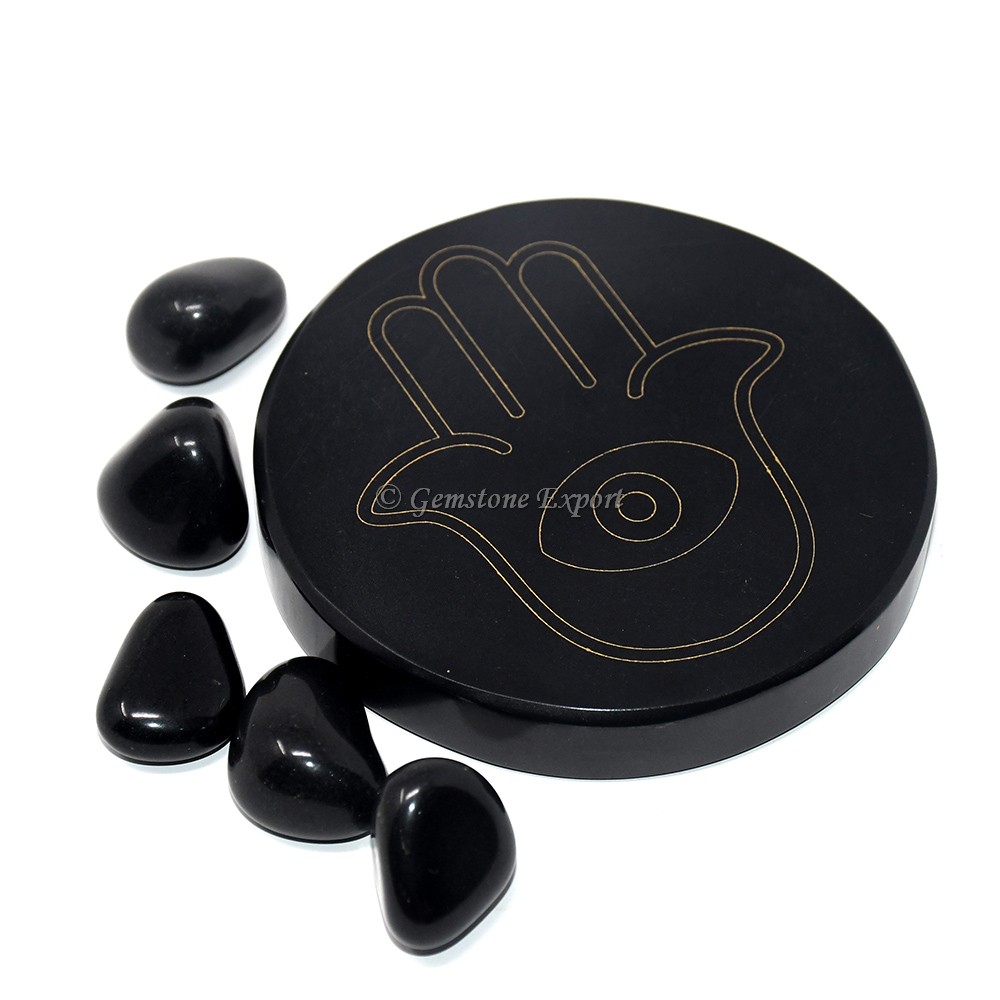 Black Agate Engraved Hamsa Coaster