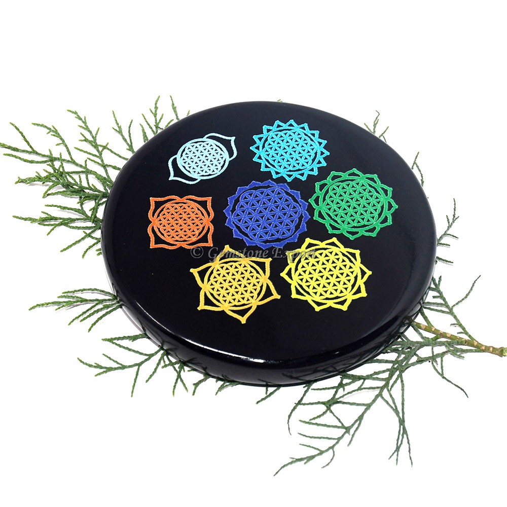 Black Agate Printed Chakra Symbol  Colourful Coaster