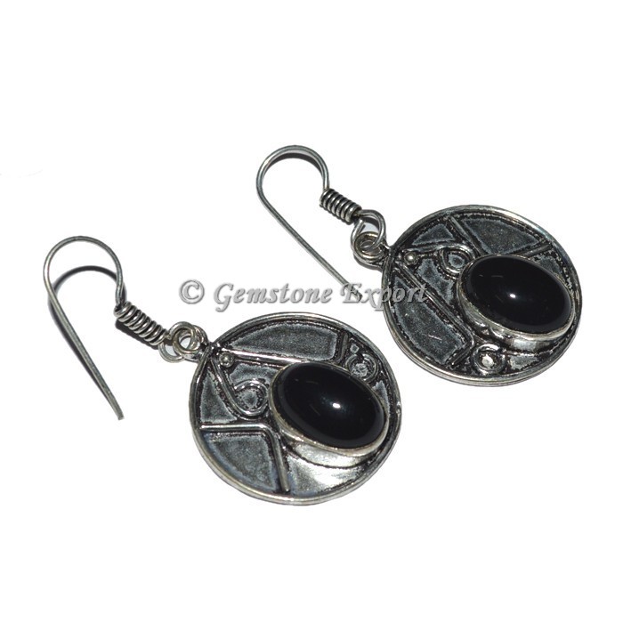 Black Agate Stone Tibetan Design Earrings
