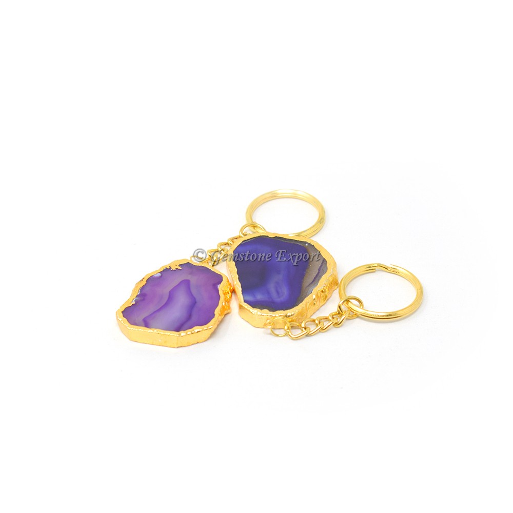 Purple Agate Onyx Keychain Gold Plated