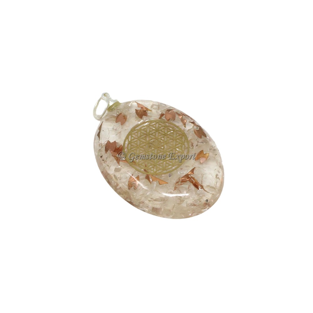 Crystal Quartz with Flower Of Life Oval Orgone Shaped Pendant