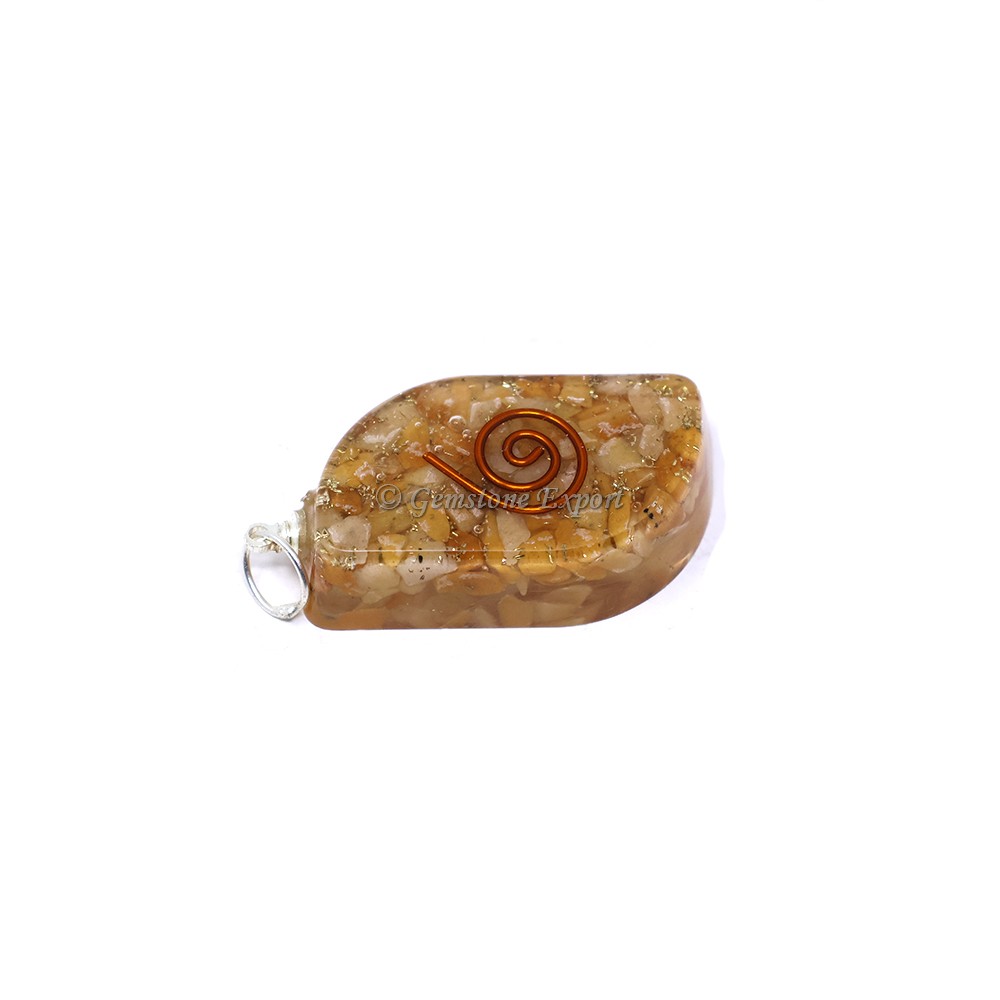 Yellow Aventurine with Copper Coil Leaf Shaped Orgone Pendant