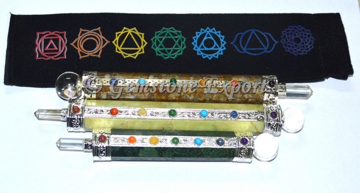 Assorted Gemstone Healing Wands With Chakra Pouch