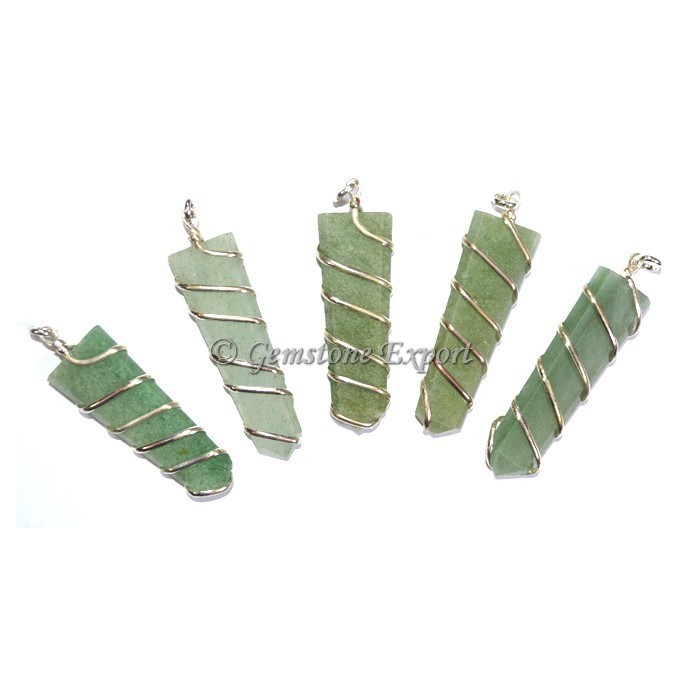 Green Aventurine Flat Pencil Wire Wrap Pendant