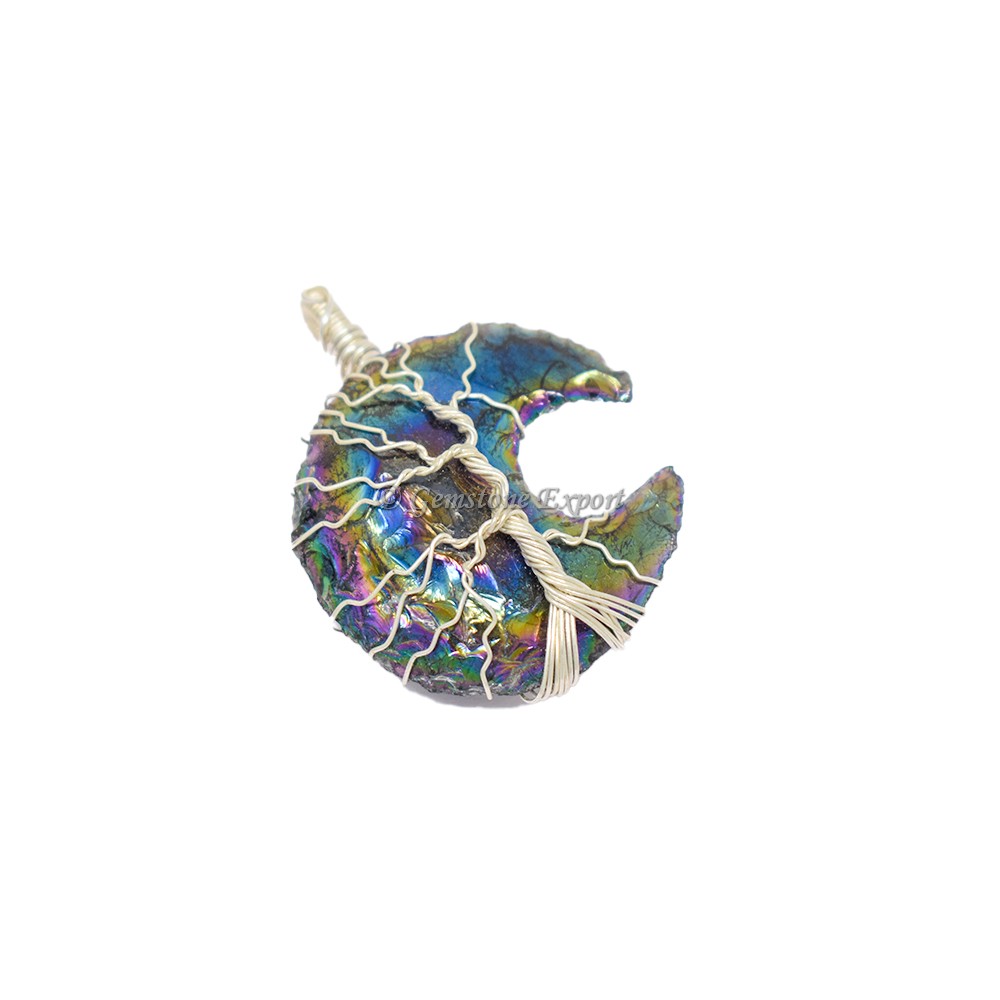 Rainbow Titanium Moon Silver Wire Wrap Pendant